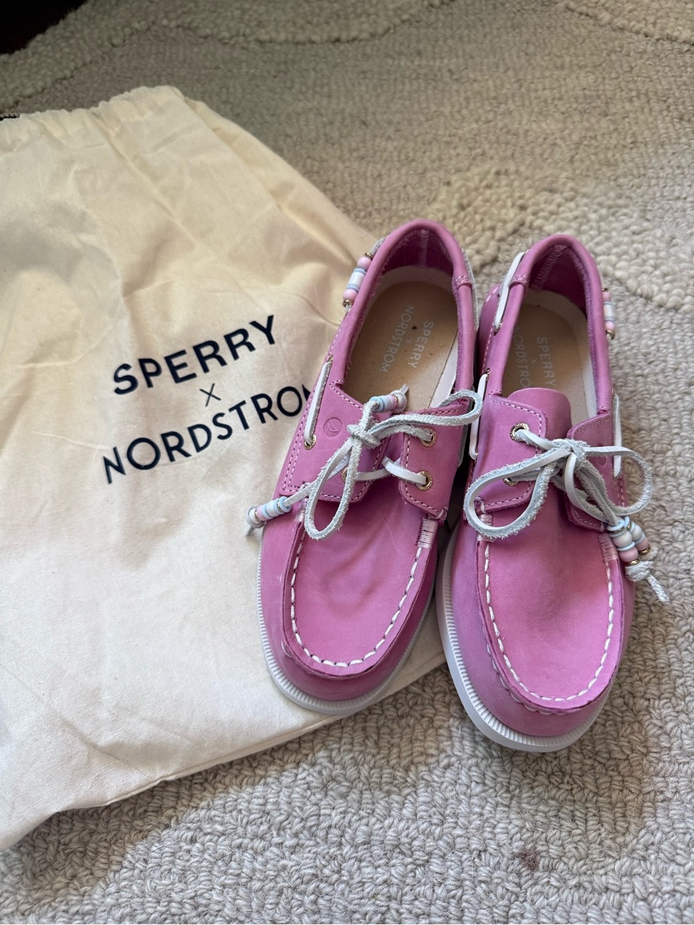 Sperry Pink Leather Boat Shoes with White Soles